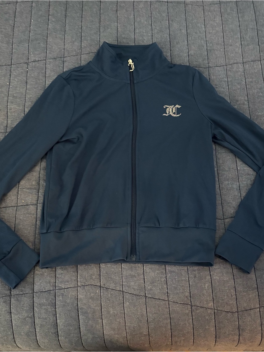 Juicy Couture Sport Navy Full Zip-Up Track Jacket with Rhinestone Spellouts; S